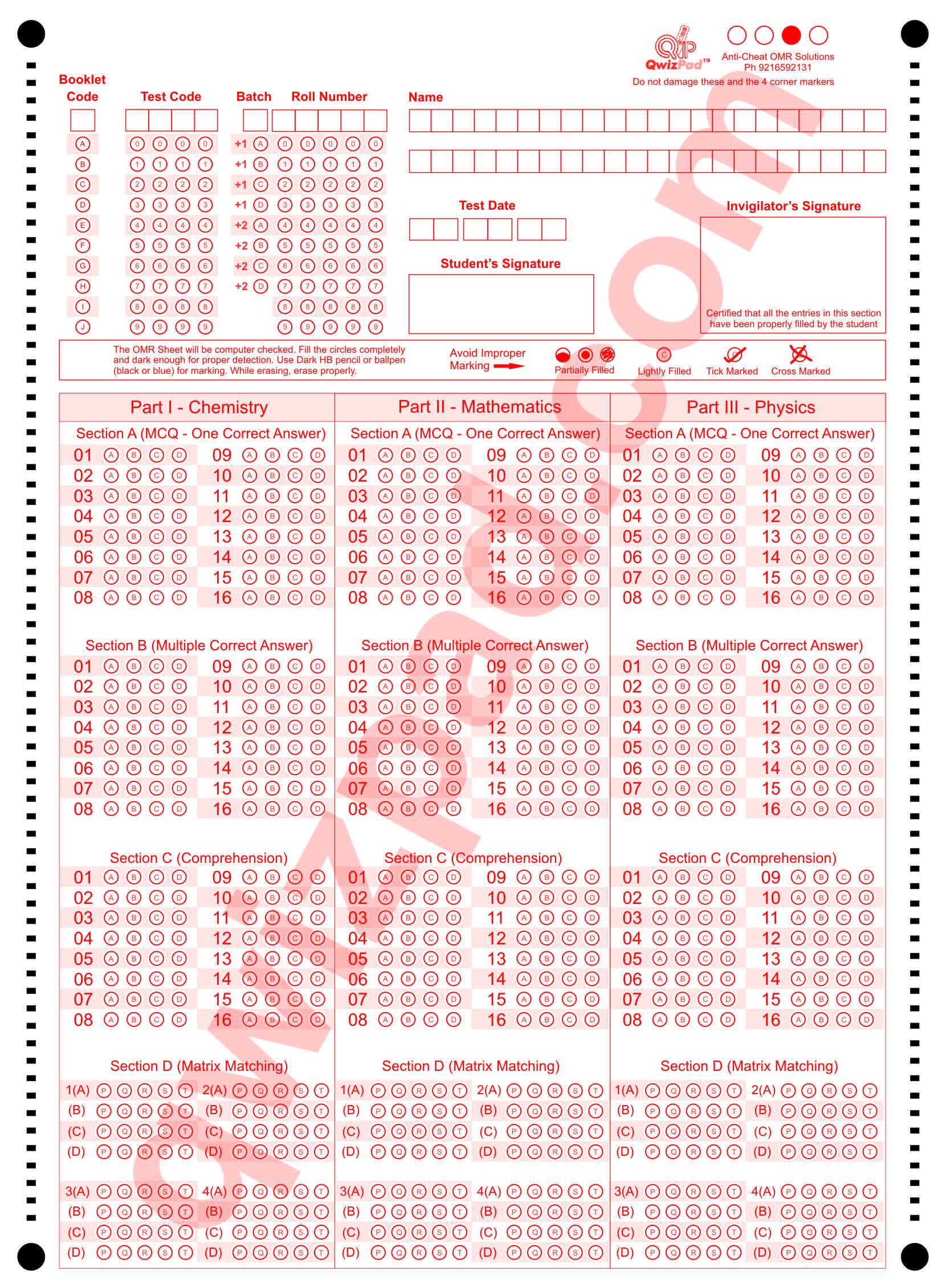 IIT Type OMR Sheet, Legal Size